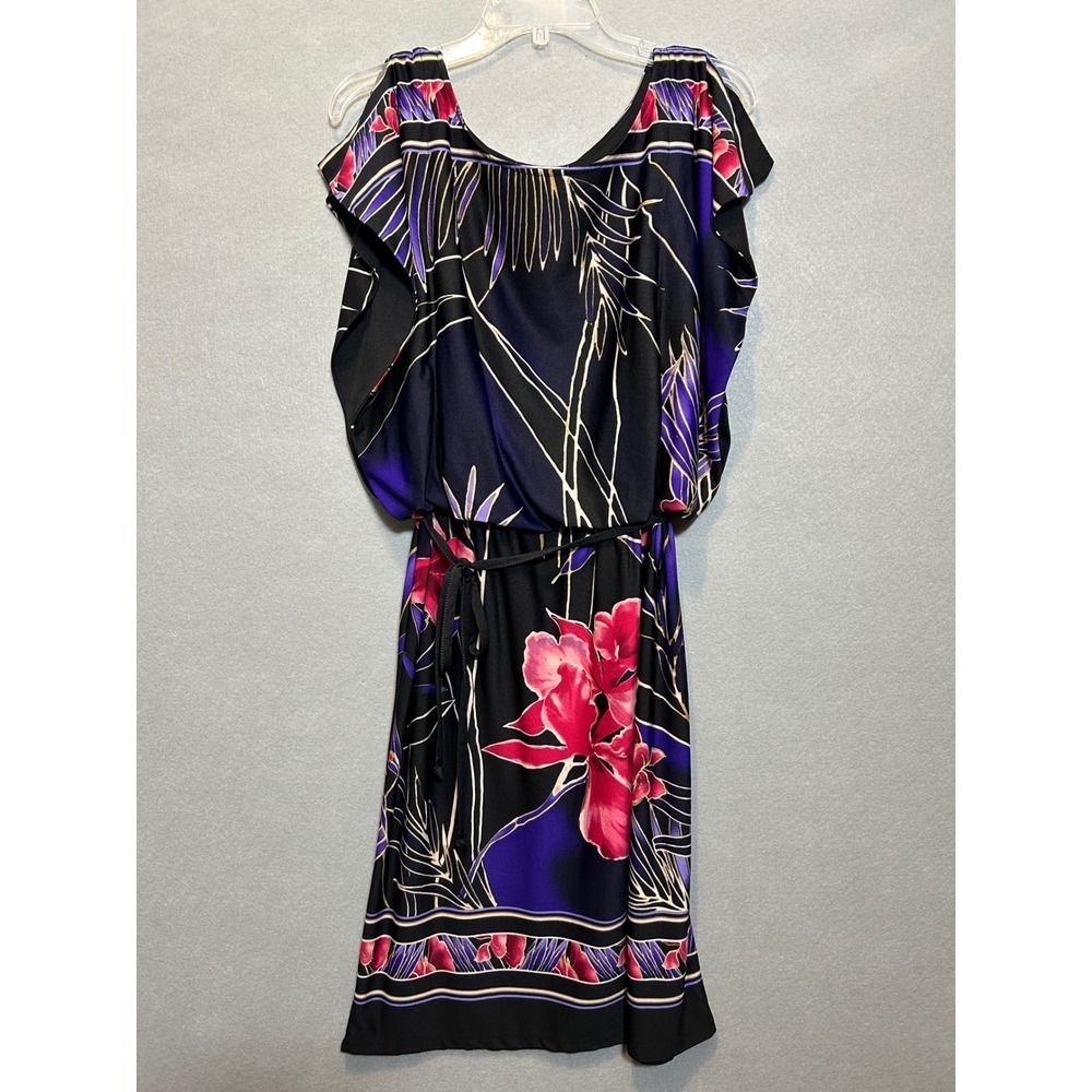 Olivia Matthews Women L Dress Black Floral Slit Sleeve Art to Wear Vintage 90s